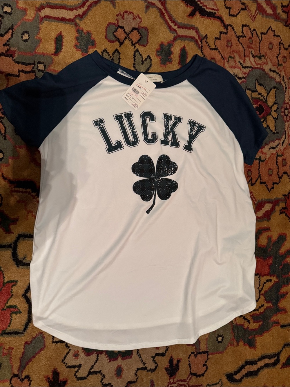Lucky Brand Kids White Tee with Navy Raglan Sleeves and Clover Graphic
